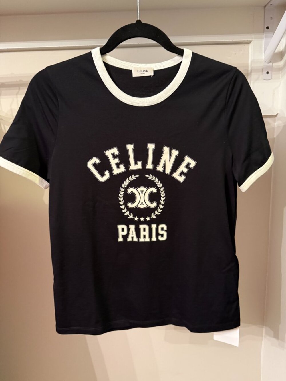 NWT CELINE Women's Varsity Triomphe Logo Ringer T-Shirt Cotton Black White M